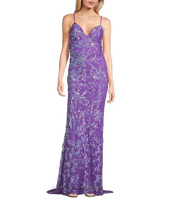 B. Darlin Sequin Pattern V-Neck Spaghetti Strap Lace Up Back Dress Product Image
