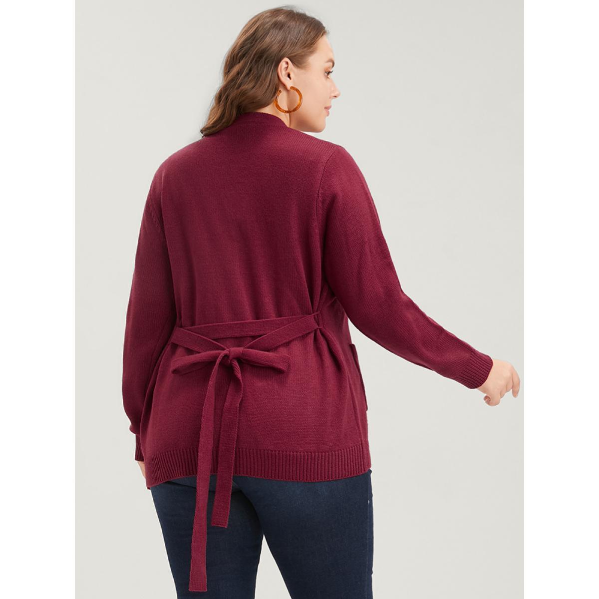 Plus Size Solid Pointelle Knit Pocket Belted Button Front Cardigan Scarlet Women Casual Loose Long Sleeve Work Cardigans BloomChic 28/5X Product Image