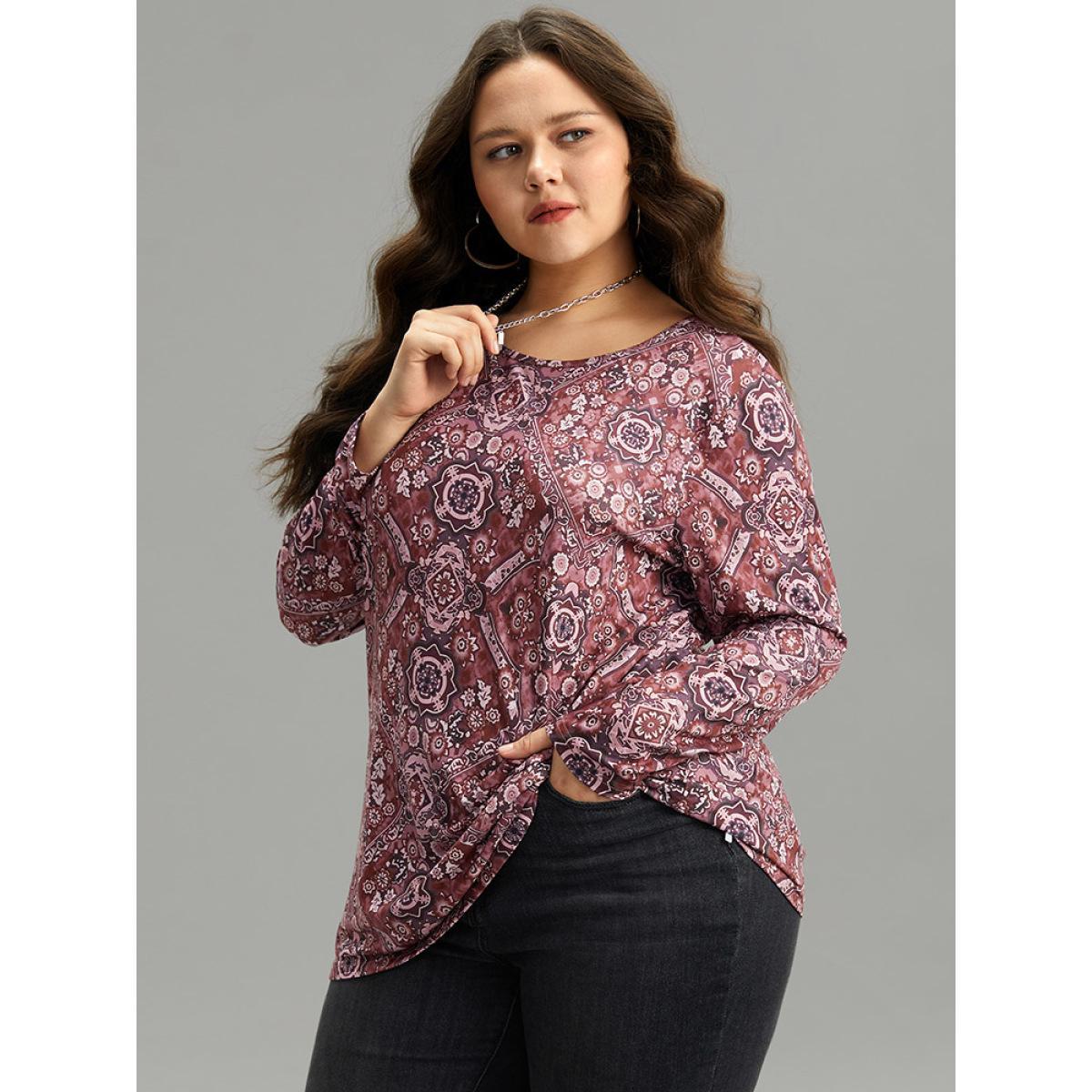 Plus Size Bandana Print Round Neck T-shirt Multicolor Women Casual Printed Bohemian Print Round Neck Dailywear T-shirts BloomChic 14-16/1X Product Image
