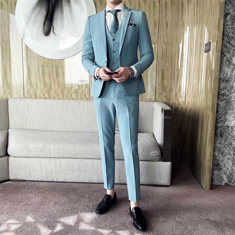 Set: Lapel Collar Plain Single Button Blazer + Mid Rise Plain Dress Pants + V-Neck Plain Single Breasted Vest Product Image