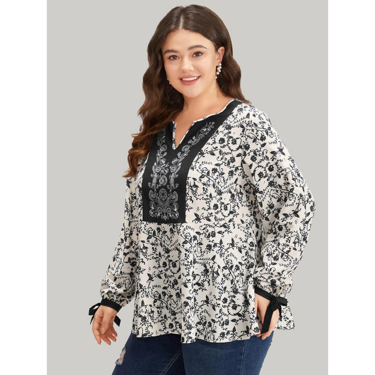 Plus Size Black Boho Print Notched Knot Lantern Sleeve Blouse Women Vacation Long Sleeve Notched collar Dailywear Blouses BloomChic 26/4X Product Image