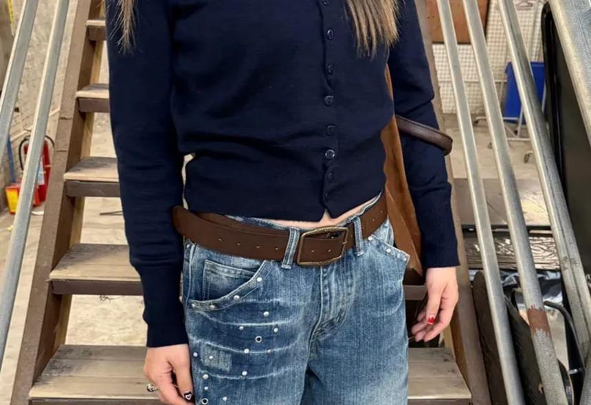 Mid Waist Washed Studded Wide Leg Jeans Product Image