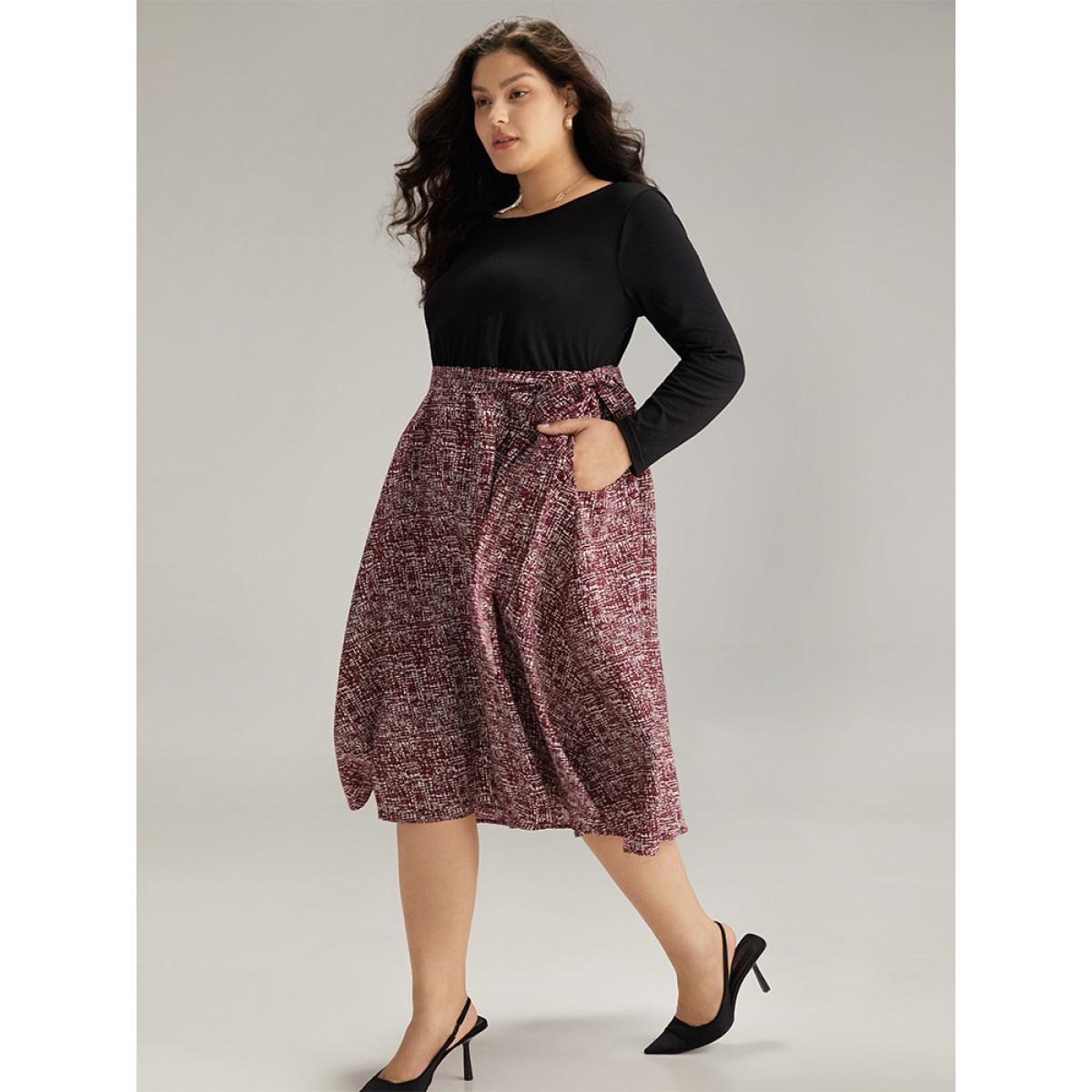 Plus Size Patchwork Contrast Belted Crew Neck Dress Black Women Office Belted Round Neck Long Sleeve Curvy Midi Dress BloomChic 26/4X Product Image