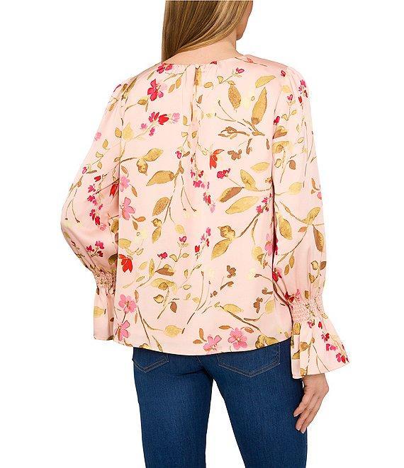 CeCe Charmeuse Floral Print Crew Neck Smocked Cuff Long Sleeve Blouse Product Image
