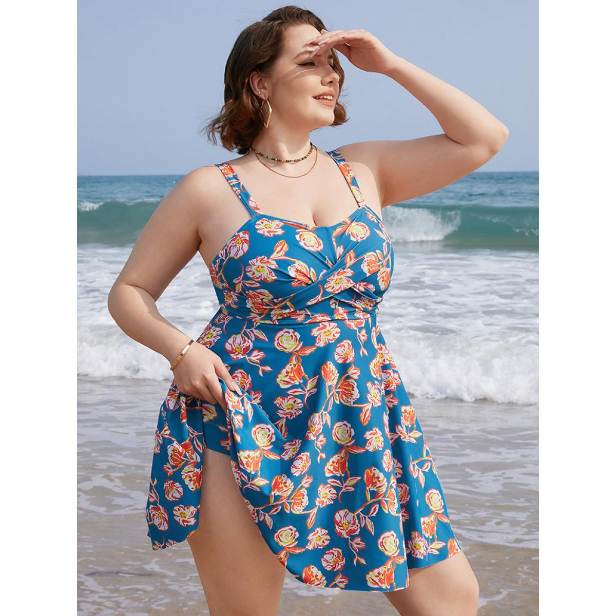 Plus Size Floral Contrast Crossover Front Ruffles Adjustable Straps Swim Dress Women's Swimwear Blue Vacation Bodycon High stretch Curve Swim Dresses BloomChic 14-16/1X Product Image
