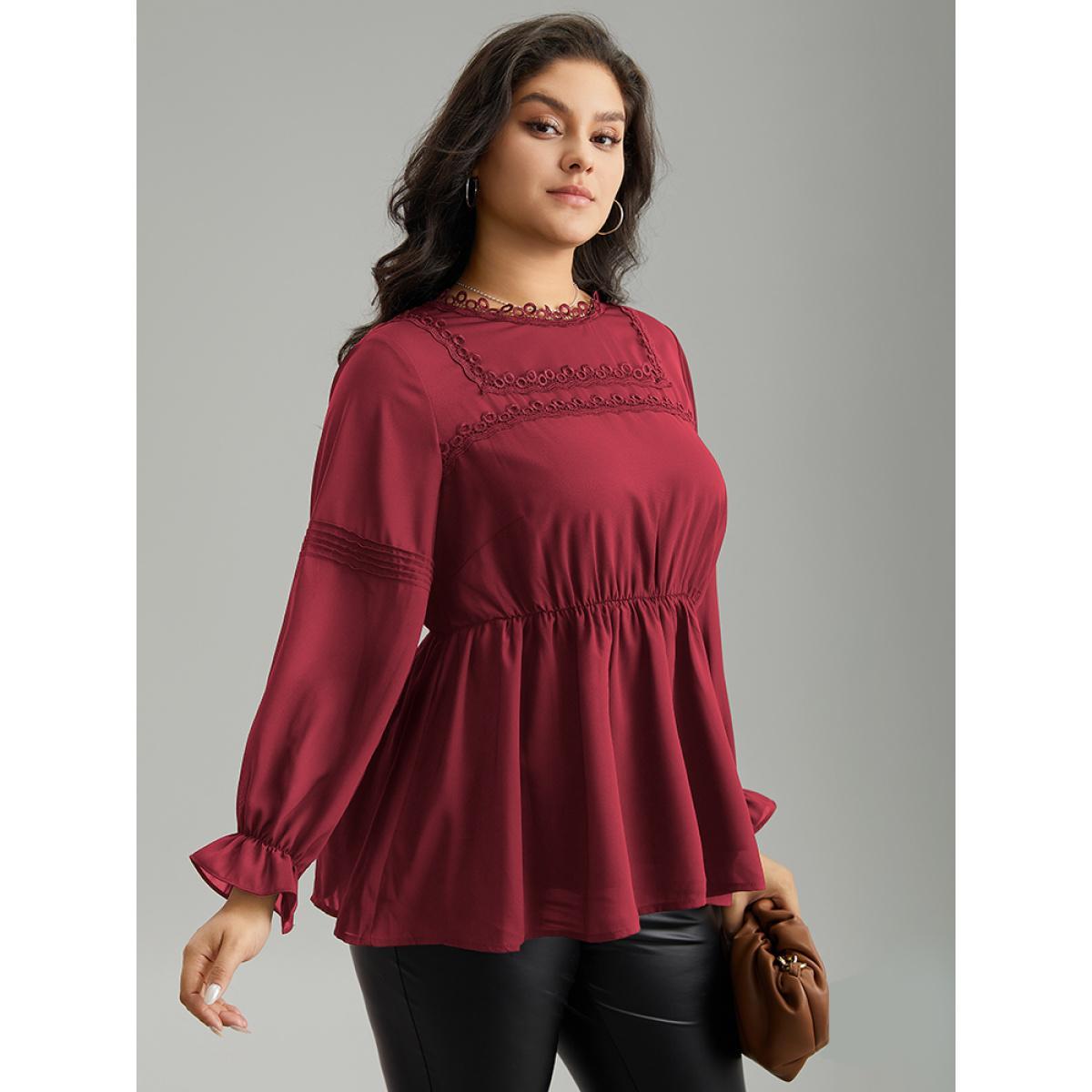 Plus Size Scarlet Plain Ruffles Elastic Waist Lace Patchwork Blouse Women Office Long Sleeve Stand-up collar Work Blouses BloomChic 18-20/2X Product Image