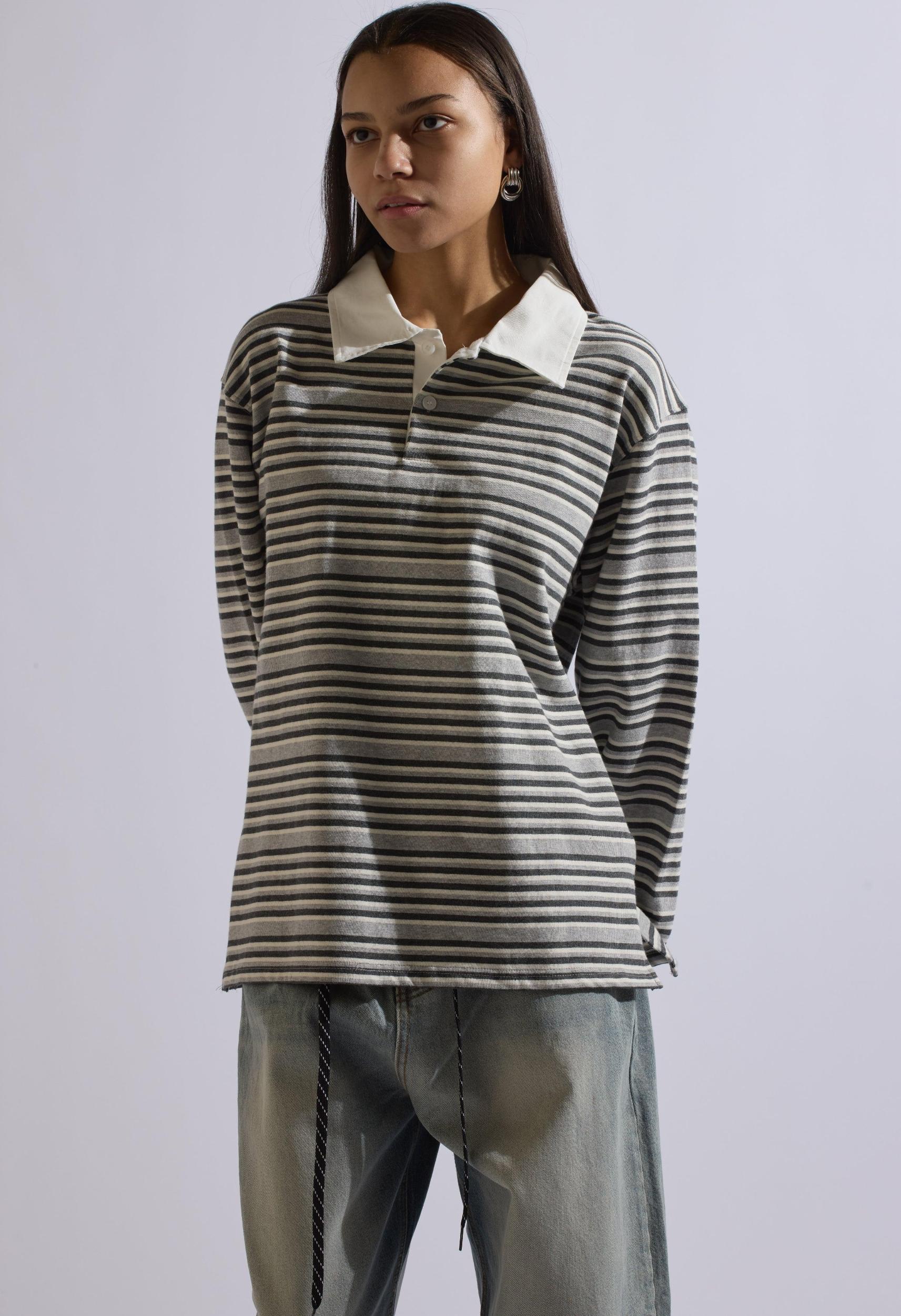 Stevie Striped Collared Long Sleeve in Grey Product Image