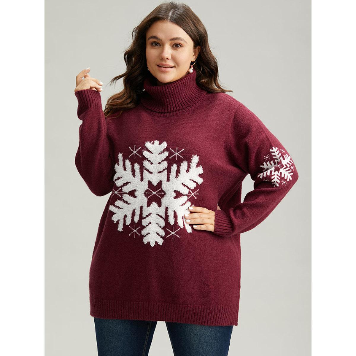 Plus Size Snowflake Turtle Neck Fuzzy Pullover Scarlet Women Casual Loose Long Sleeve Turtleneck Festival-Christmas Pullovers BloomChic 26/4X Product Image