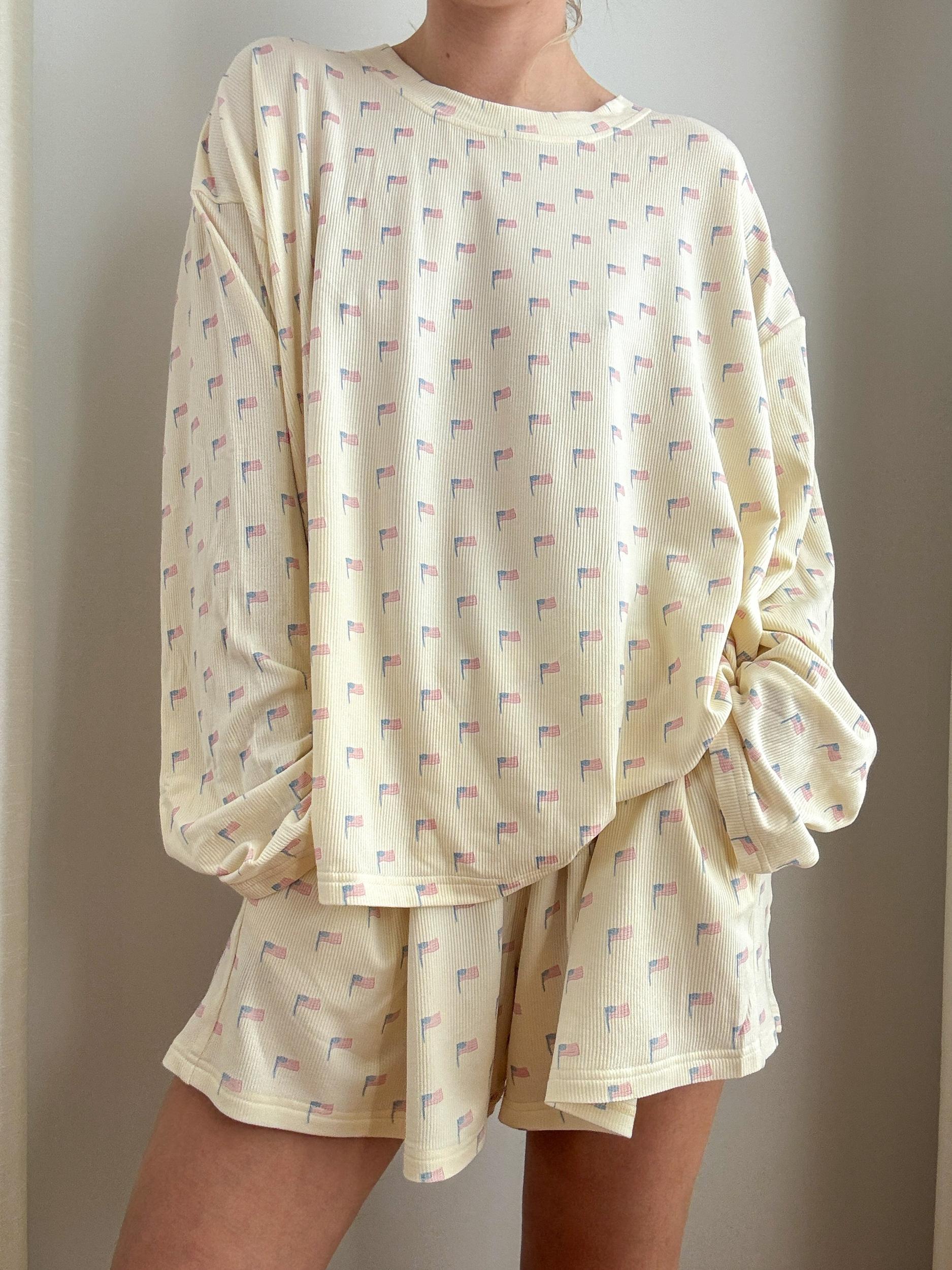 Pale Yellow American Flag Pajama Pattern Shorts Product Image