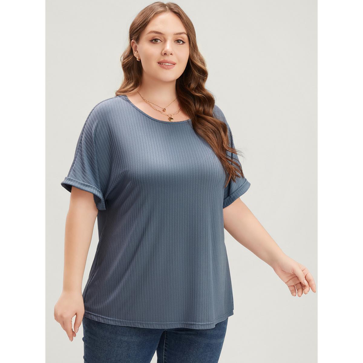 Plus Size Plain Round Neck Rib Knit Tee LightBlue Women Casual Plain Round Neck Dailywear T-shirts BloomChic 14-16/1X Product Image