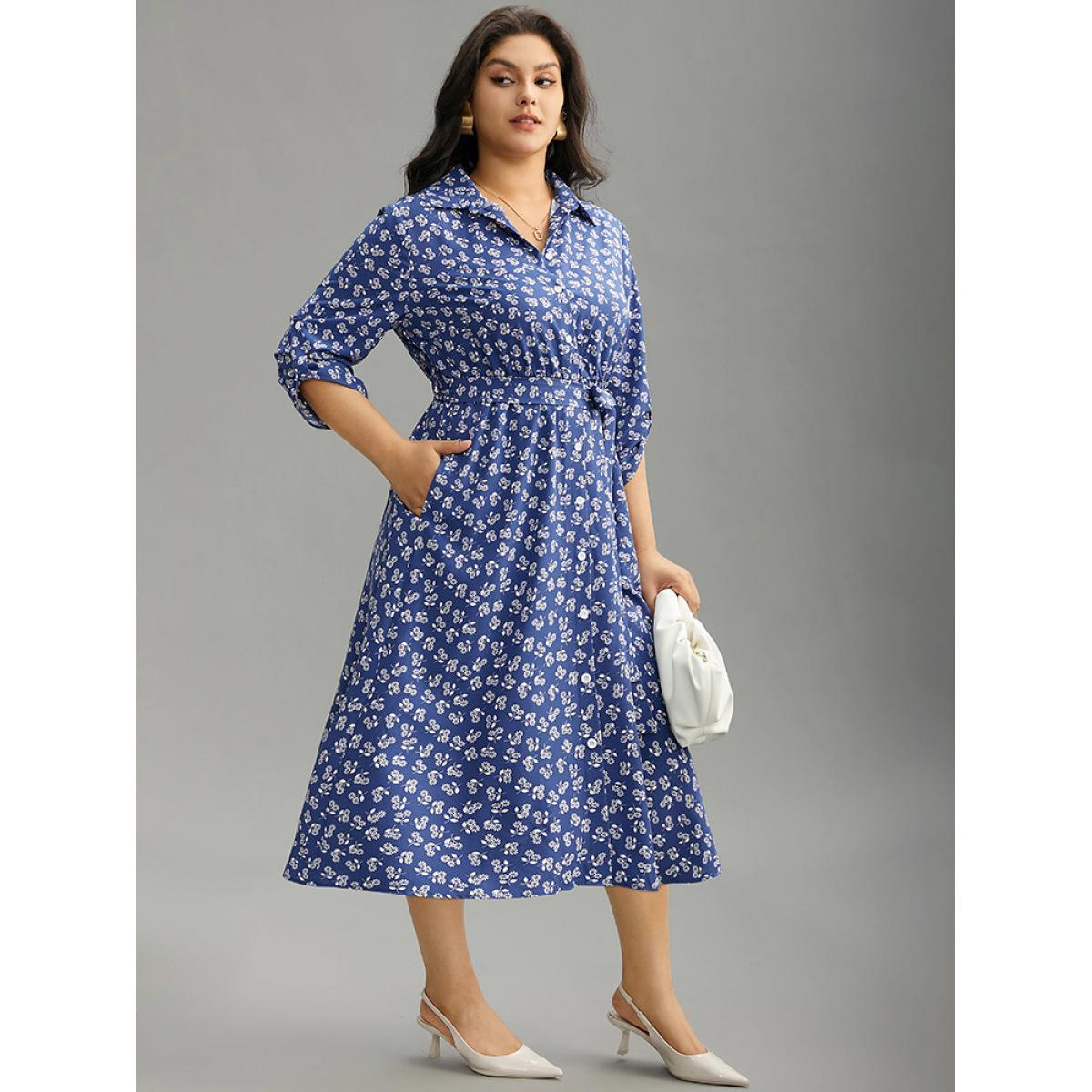 Plus Size Ditsy Floral Belted Button Through Tab Sleeve Dress Aegean Women Office Belted Shirt collar Elbow-length sleeve Curvy Midi Dress BloomChic 18-20/2X Product Image