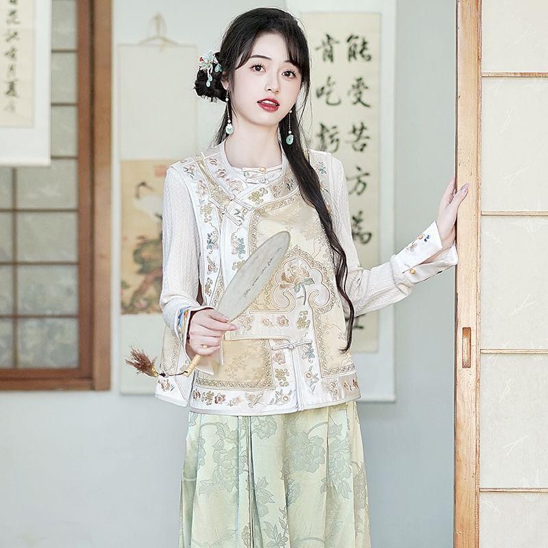 Long-Sleeve Floral Embroidered Top / High Waist Floral Jacquard Wide Leg Pants / Vest Product Image