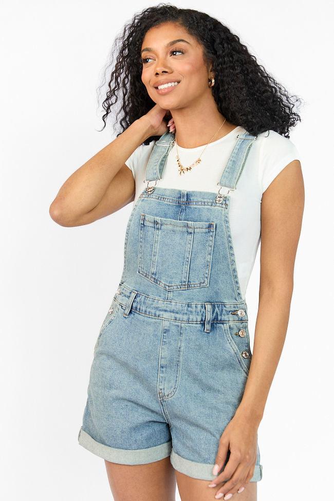 Common Ground Medium Wash Relaxed Fit Cuffed Overalls Product Image