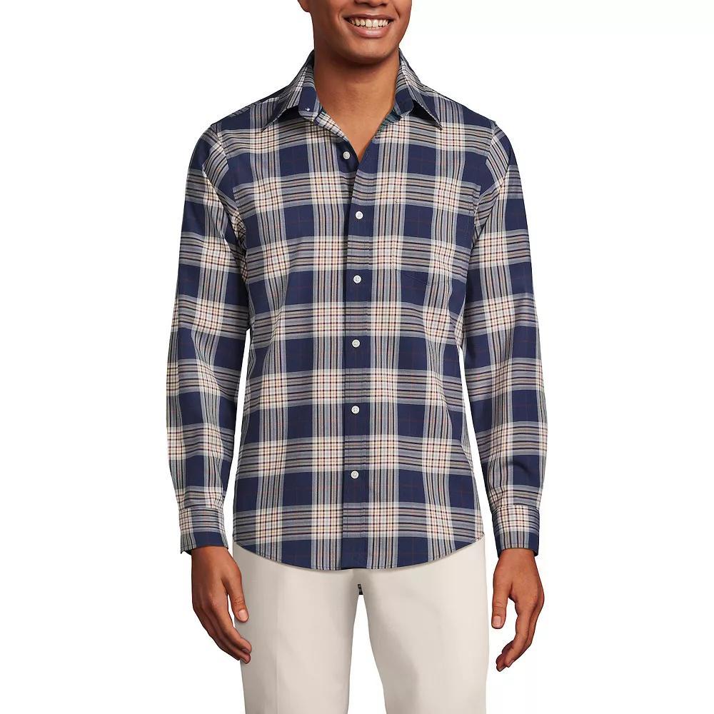 Big & Tall Lands' End Traditional-Fit No-Iron Twill Button-Down Shirt, Men's, Size: Large Tall, White Blue Plaid Product Image