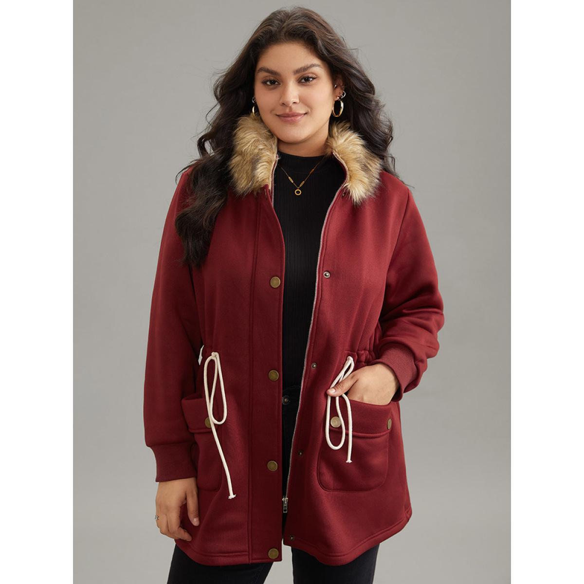 Plus Size Plian Drawstring Zipper Fuzzy Trim Hooded Coat Women Scarlet Casual Contrast Ladies Dailywear Winter Coats BloomChic 22-24/3X Product Image