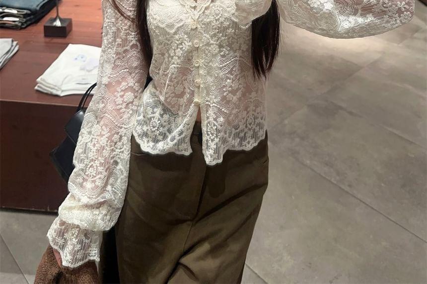 Puff-Sleeve Flower Embroidered Lace Blouse / V-Neck Plain Flower Detail Pointelle Knit Cardigan Product Image