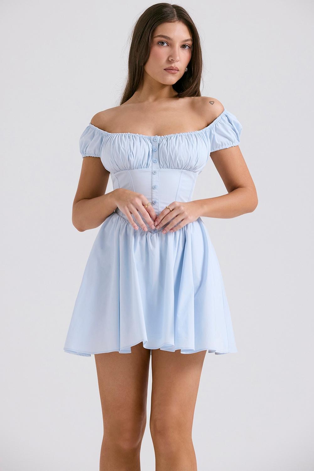 Nala Soft Blue Cotton Gathered Mini Dress Product Image