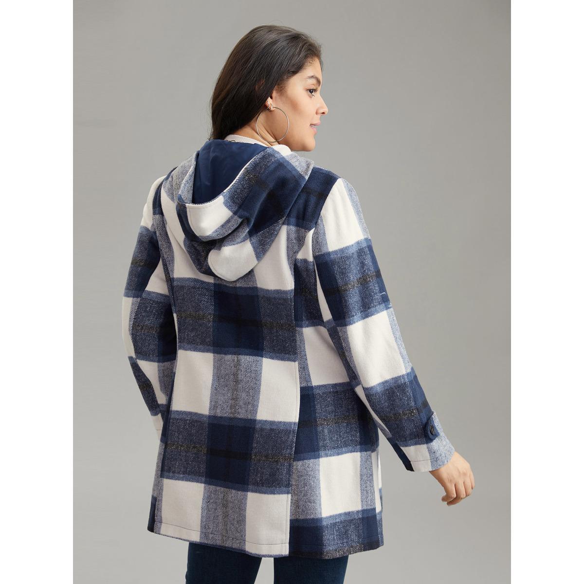 Plus Size Plaid Hooded Duffle Button Zipper Coat Women Indigo Casual Lined Ladies Dailywear Winter Coats BloomChic 28/5X Product Image
