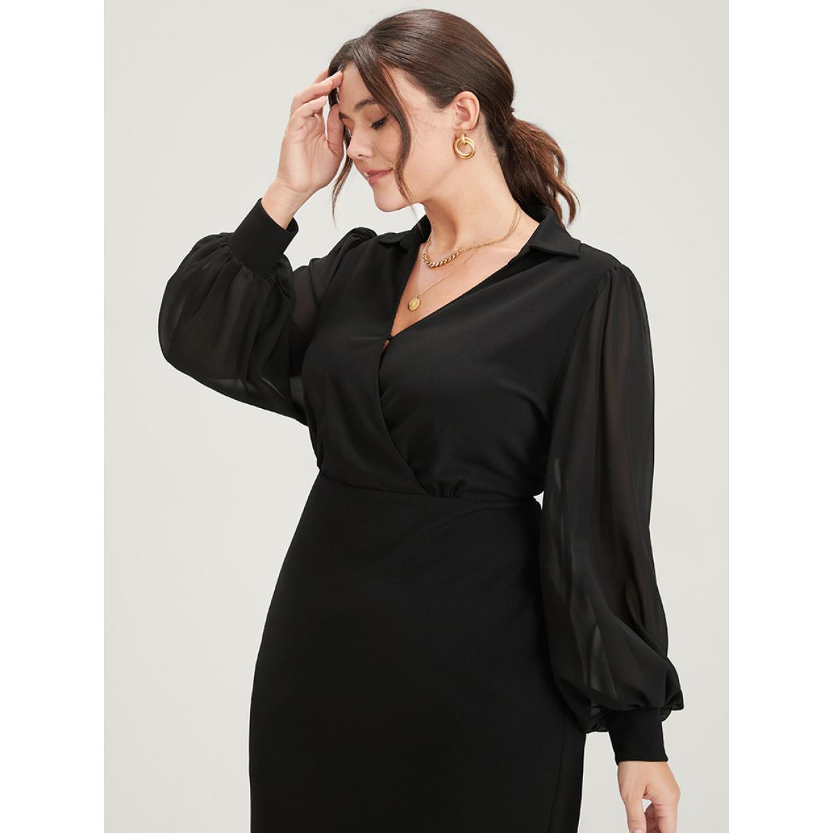 Plus Size Solid Mesh Lantern Sleeve Button Wrap Knee Dress Black Women Office Patchwork Lapel Collar Long Sleeve Curvy Knee Dress BloomChic 26/4X Product Image