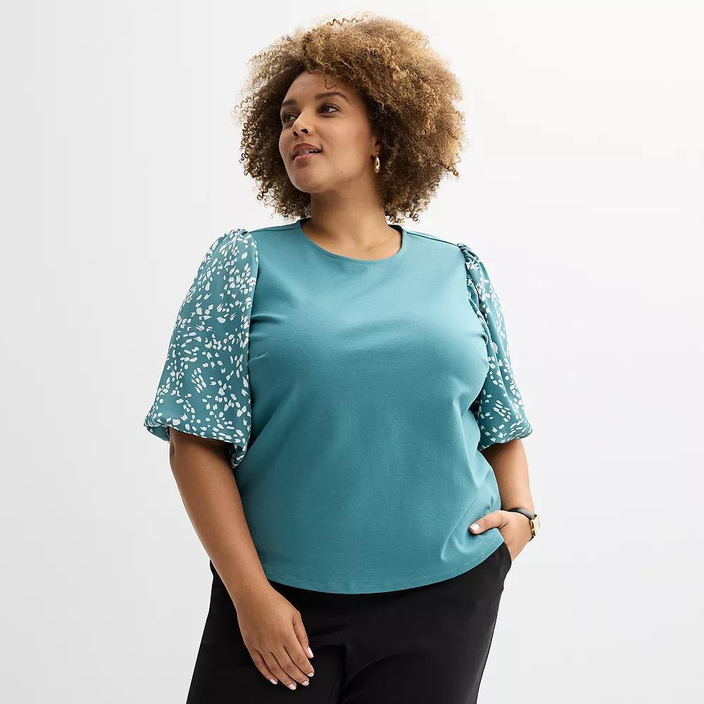 Plus Size Nine West Ponte Puff Sleeve Top, Women's, Size: 1XL, Blue Animal Product Image