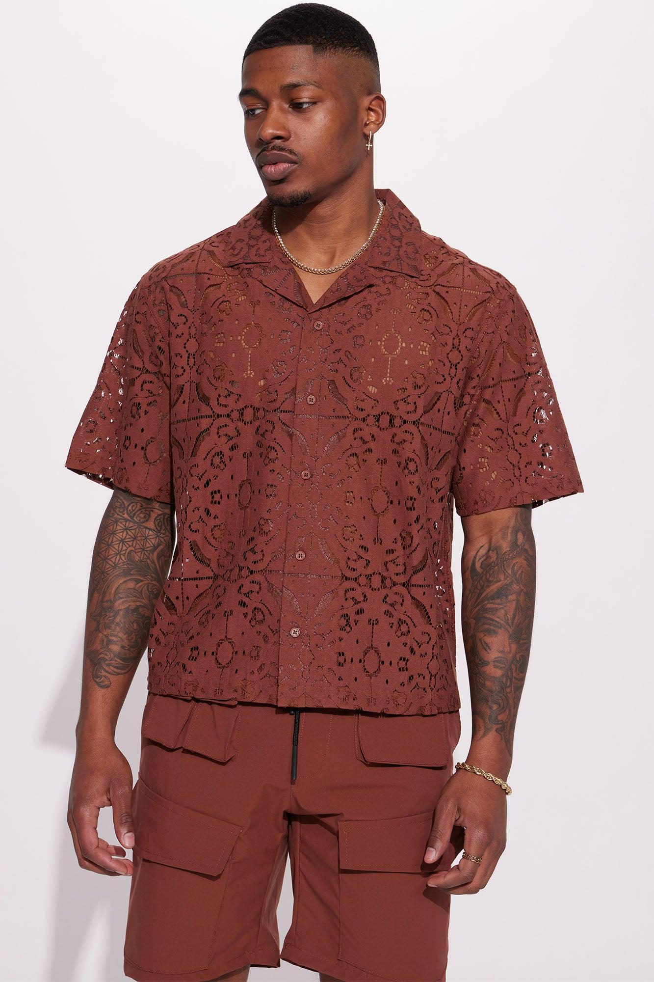 Light The Way Textured Short Sleeve Button Up - Brown Product Image