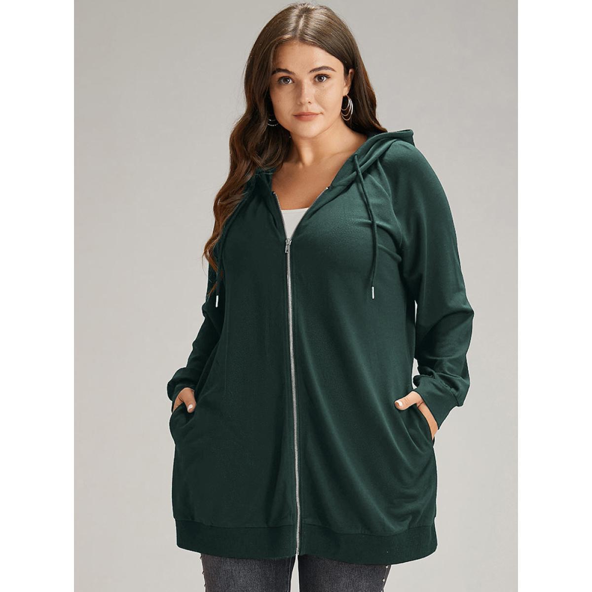Plus Size Plain Zipper Hooded Drawstring Pocket Sweatshirt Women DarkBlue Casual Plain Hooded Dailywear Sweatshirts BloomChic 12/L Product Image