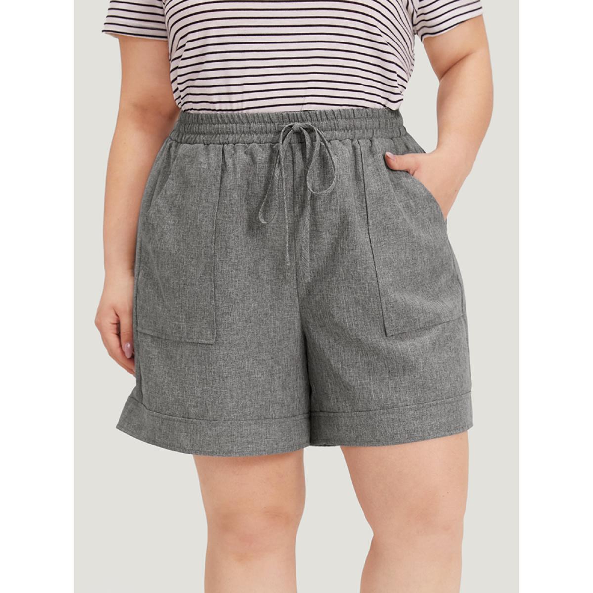 Plus Size Plain Slant Pocker Drawstring Elastic Waist Shorts Women DimGray Casual Plain Dailywear Shorts BloomChic 14-16/1X Product Image