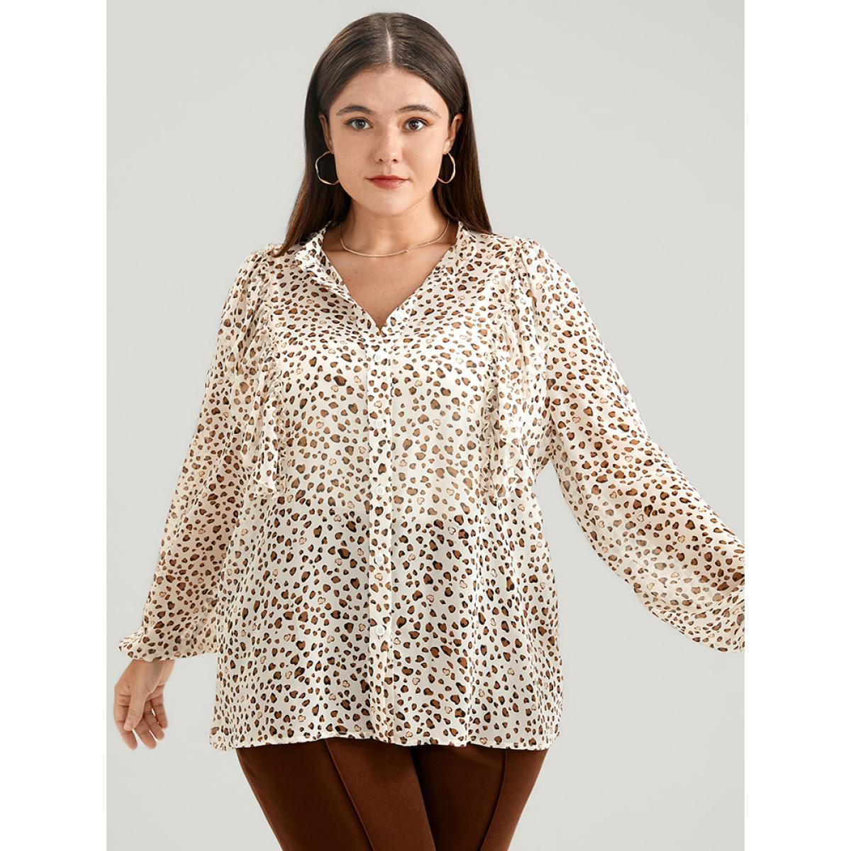 Plus Size Apricot Leopard Mesh Ruffle Trim Button Up Blouse Women Office Long Sleeve Lapel Collar Work Blouses BloomChic 12/L Product Image