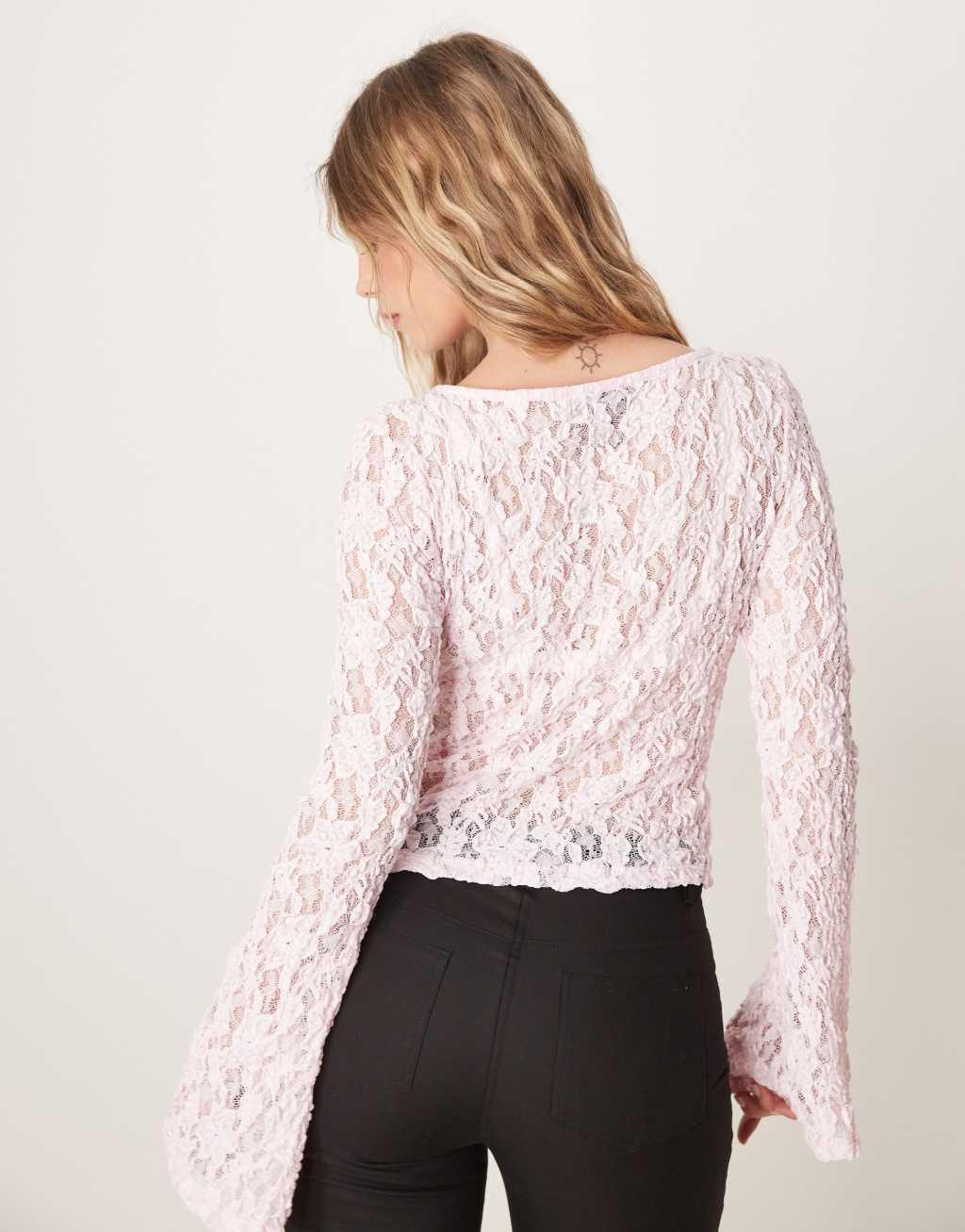 AS0S DESIGN slash neck sheer lace angel sleeve top in pink Product Image