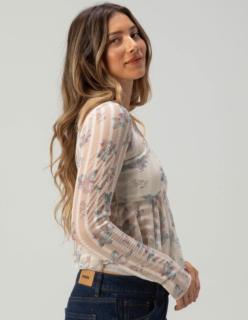 RSQ Womens Mesh Print Long Sleeve Babydoll Top - MAUVE Product Image