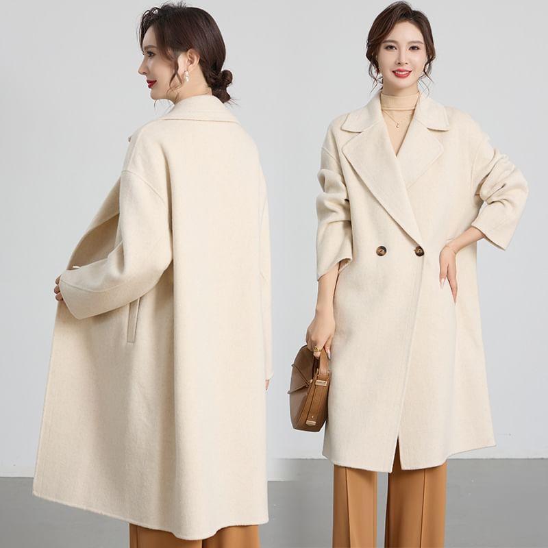 Notch Lapel Plain Double-Breasted Long Coat Product Image