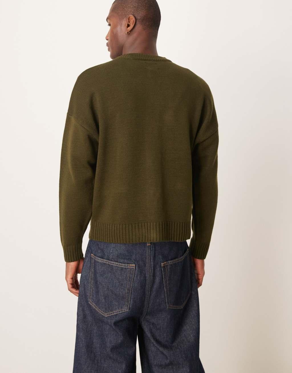 ASOS DESIGN oversized boxy fit knit crew neck cardigan with pockets in khaki Product Image