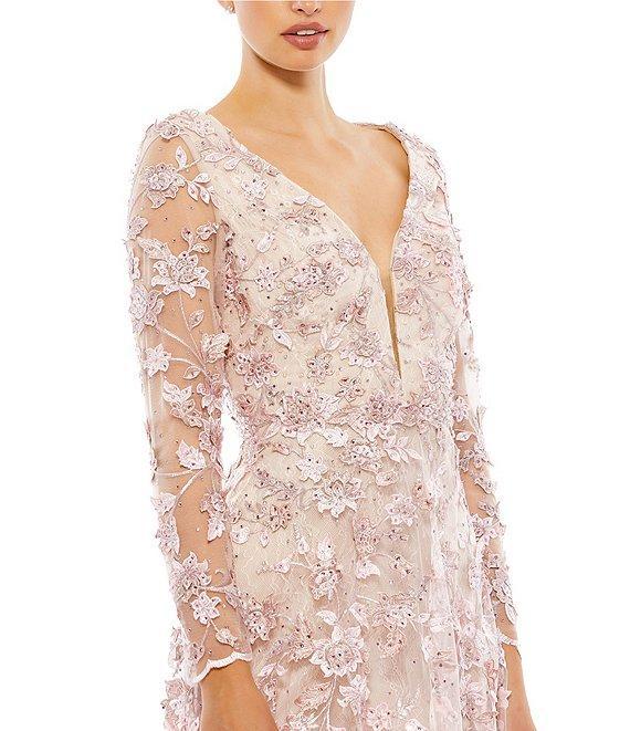Mac Duggal Floral Applique Split V-Neck Illusion Long Sleeve Gown Product Image