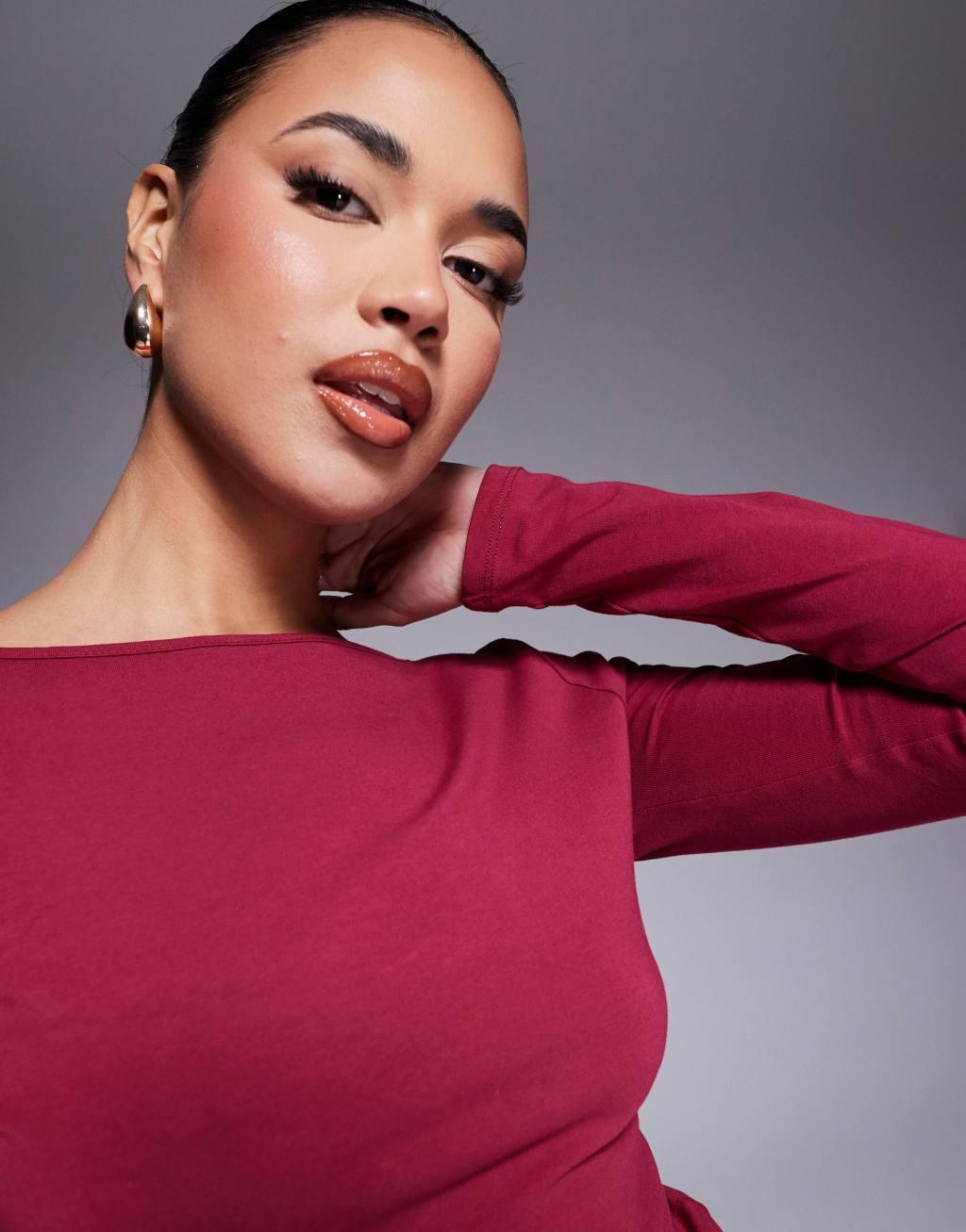 ASOS DESIGN acid wash v back slash neck top in burgundy Product Image