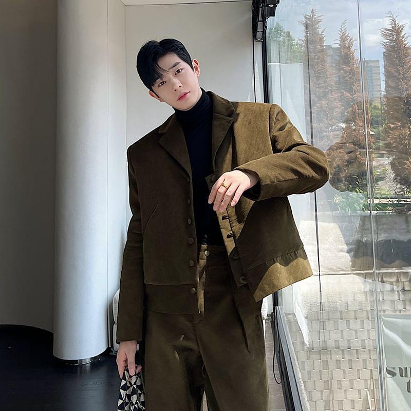 Set: Long-Sleeve Plain Blazer + High-Waist Plain Straight Leg Dress Pants Product Image