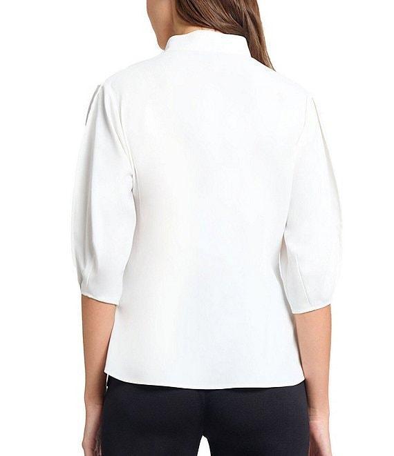 MISOOK Floral Embroidered Crepe De Chine Stand Collar Elbow Puff Sleeve Blouse Product Image