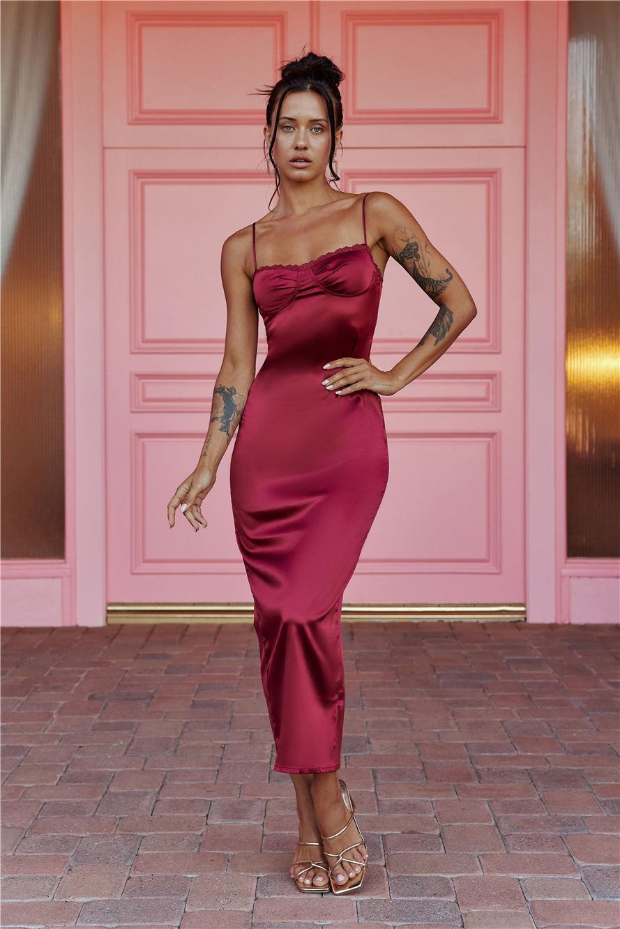 Claudia Satin Midi Dress Burgundy Product Image
