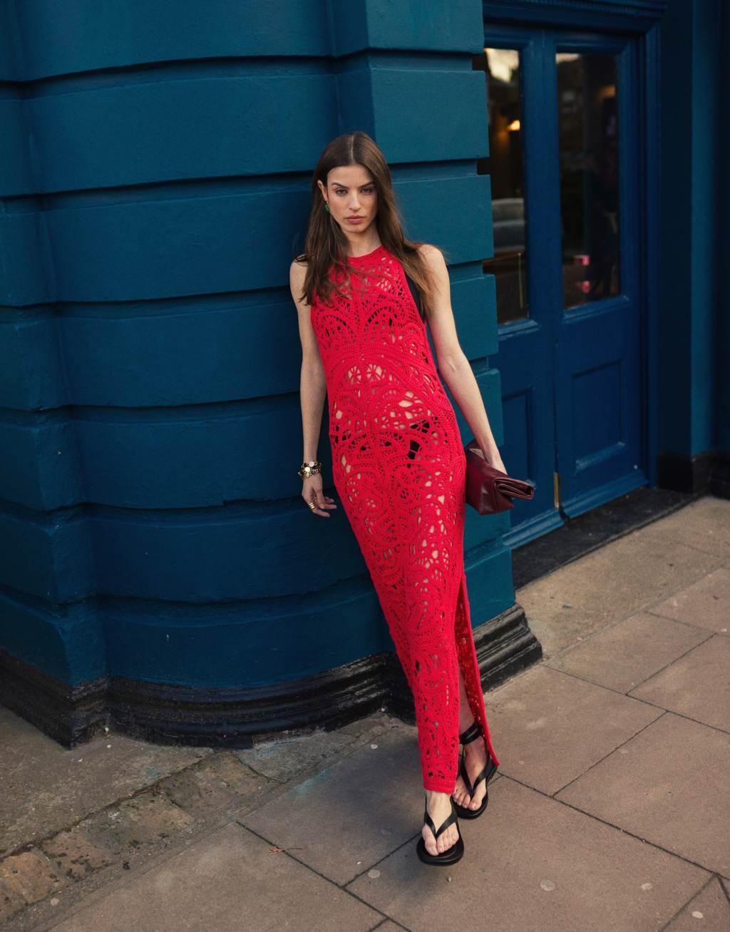 Topshop knit premium crochet maxi dress in red Product Image