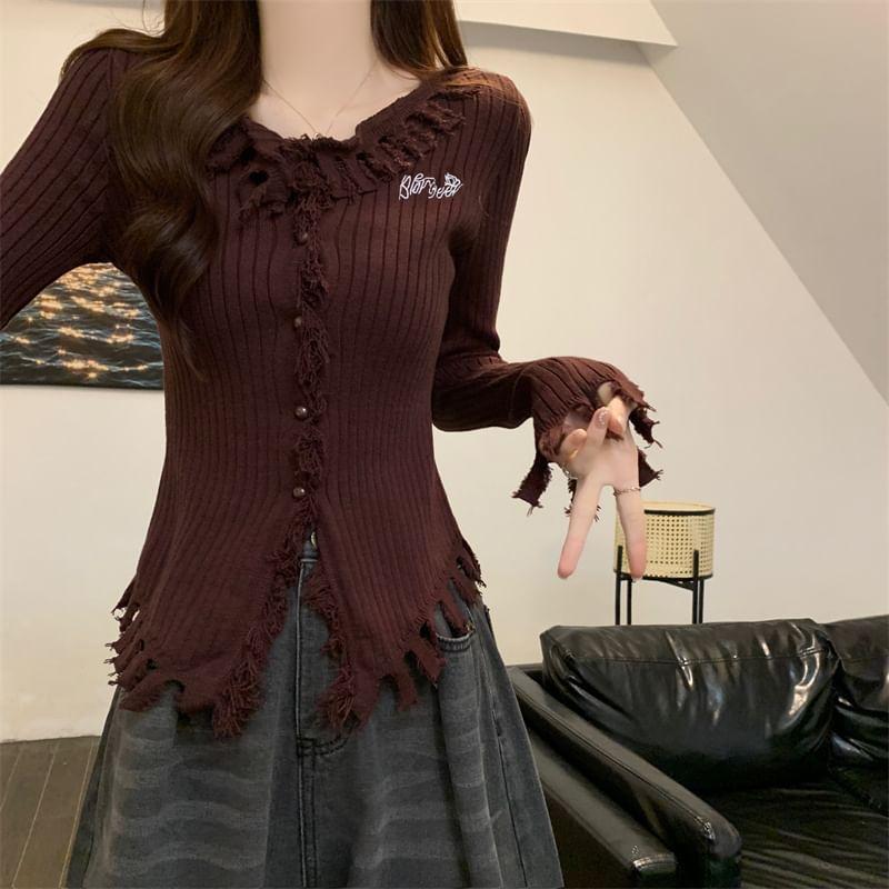 V-Neck Letter Embroidered Ribbed Sweater Product Image