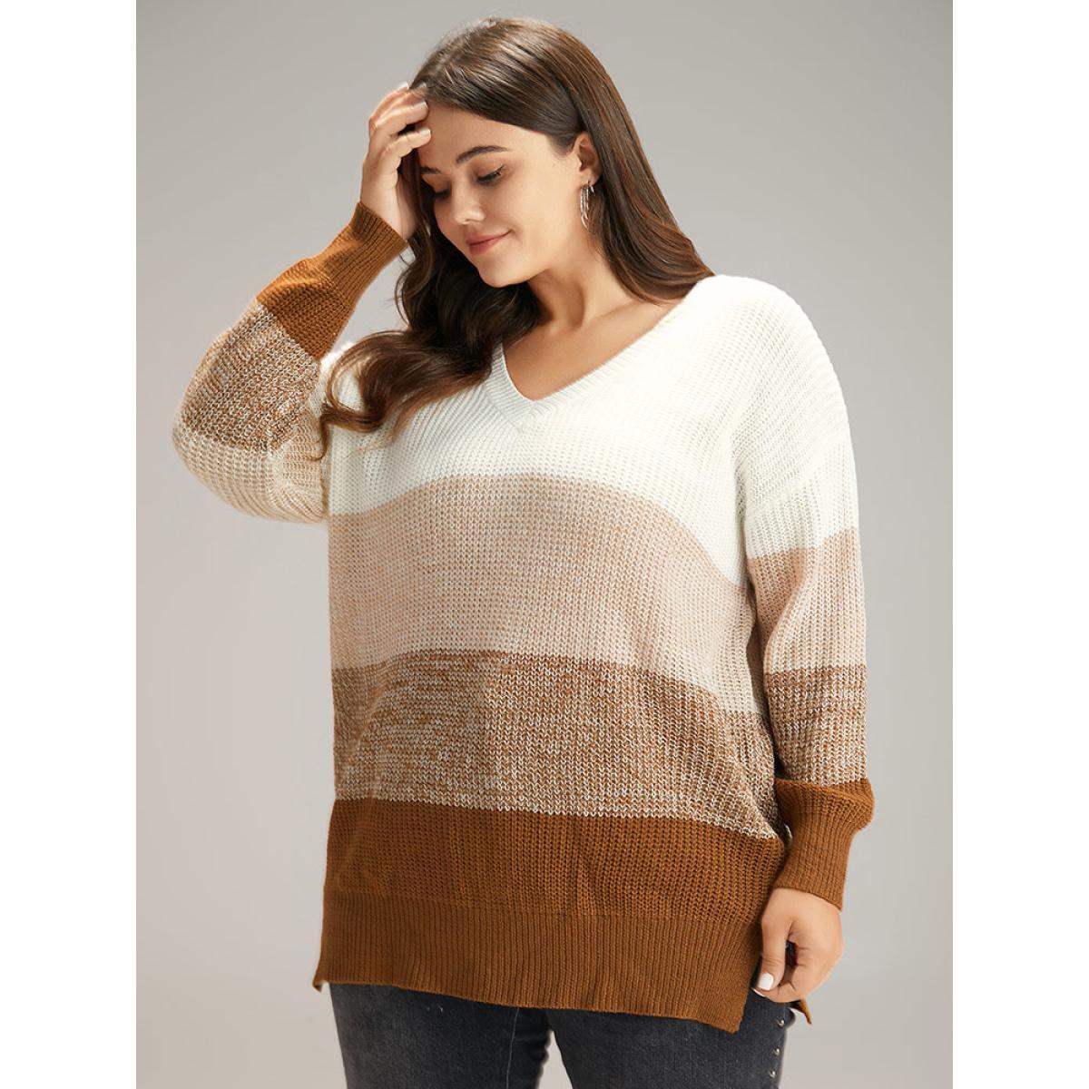 Plus Size Heather Split Side Contrast V Neck Pullover Multicolor Women Casual Loose Long Sleeve V-neck Dailywear Pullovers BloomChic 14-16/1X Product Image