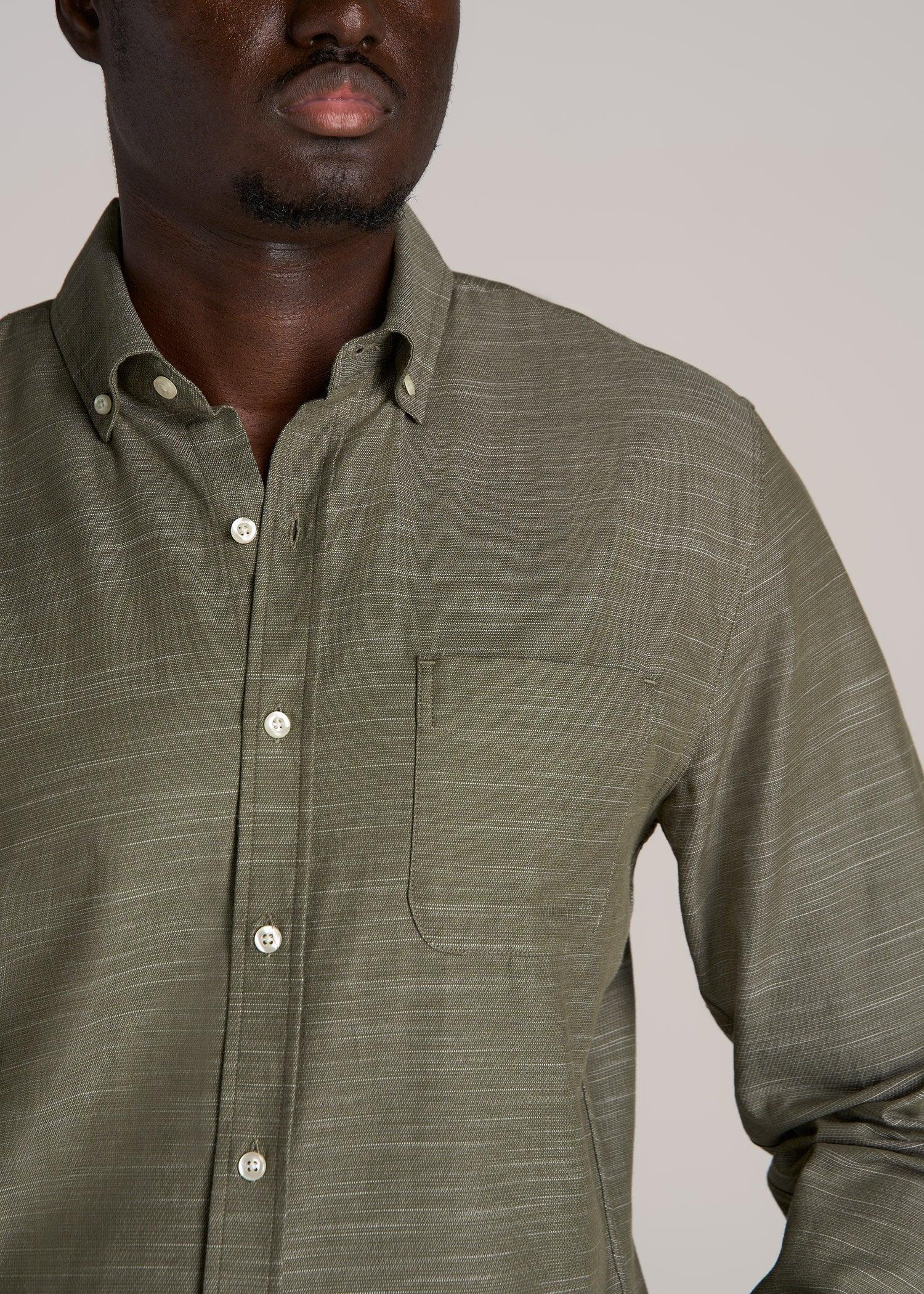 Textured Weave Cotton Button-Up Shirt for Tall Men in Olive Product Image