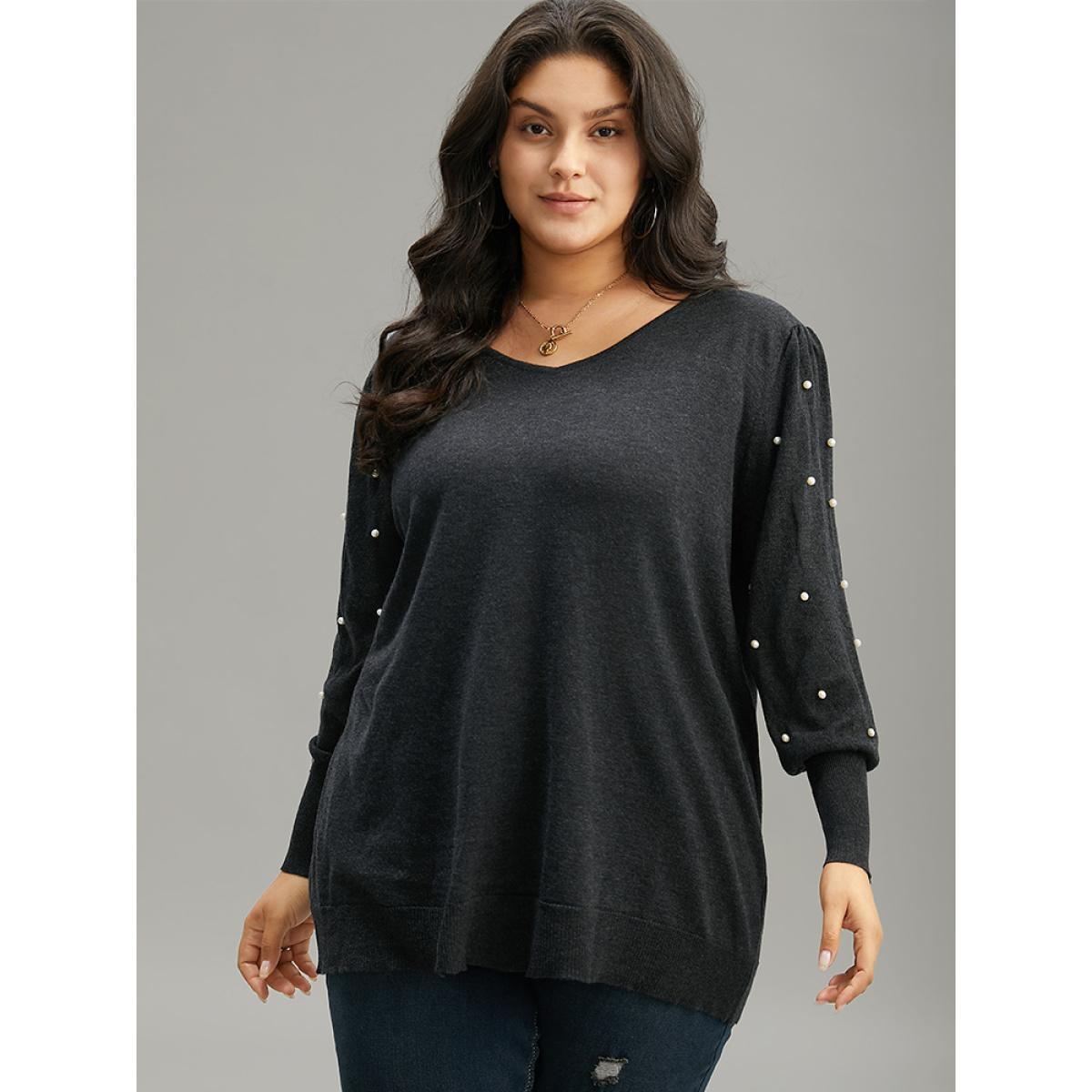 Plus Size Supersoft Essentials Solid Pearl Beaded Elastic Cuffs Pullover Black Women Casual Long Sleeve V-neck Dailywear Pullovers BloomChic 14-16/1X Product Image