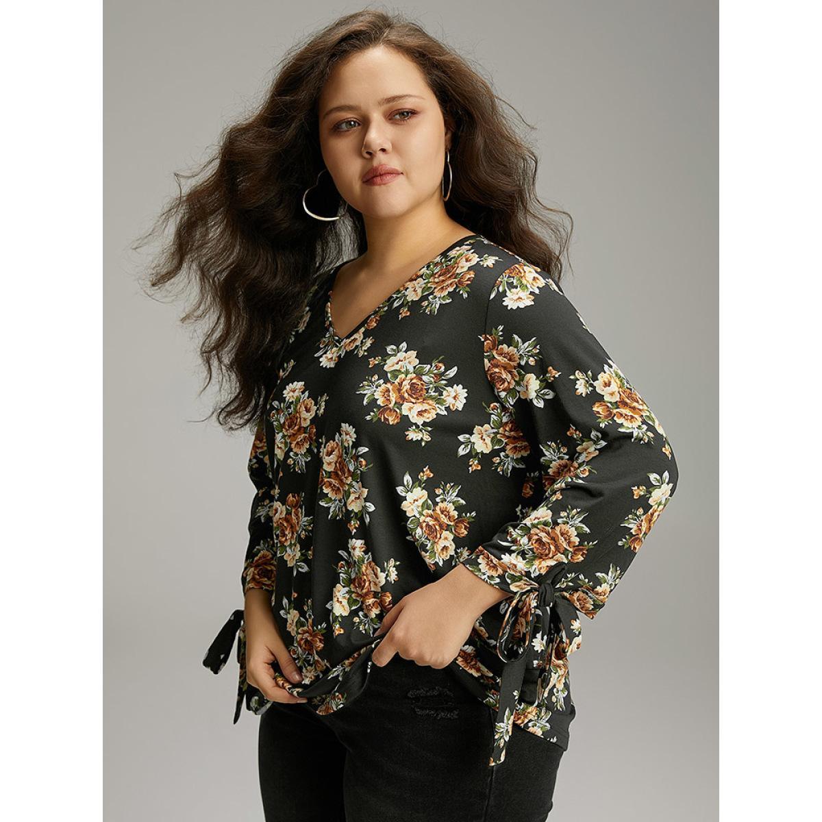 Plus Size Floral Print V Neck Ties Sleeve T-shirt Black Women Casual Cross straps Floral V-neck Dailywear T-shirts BloomChic 18-20/2X Product Image