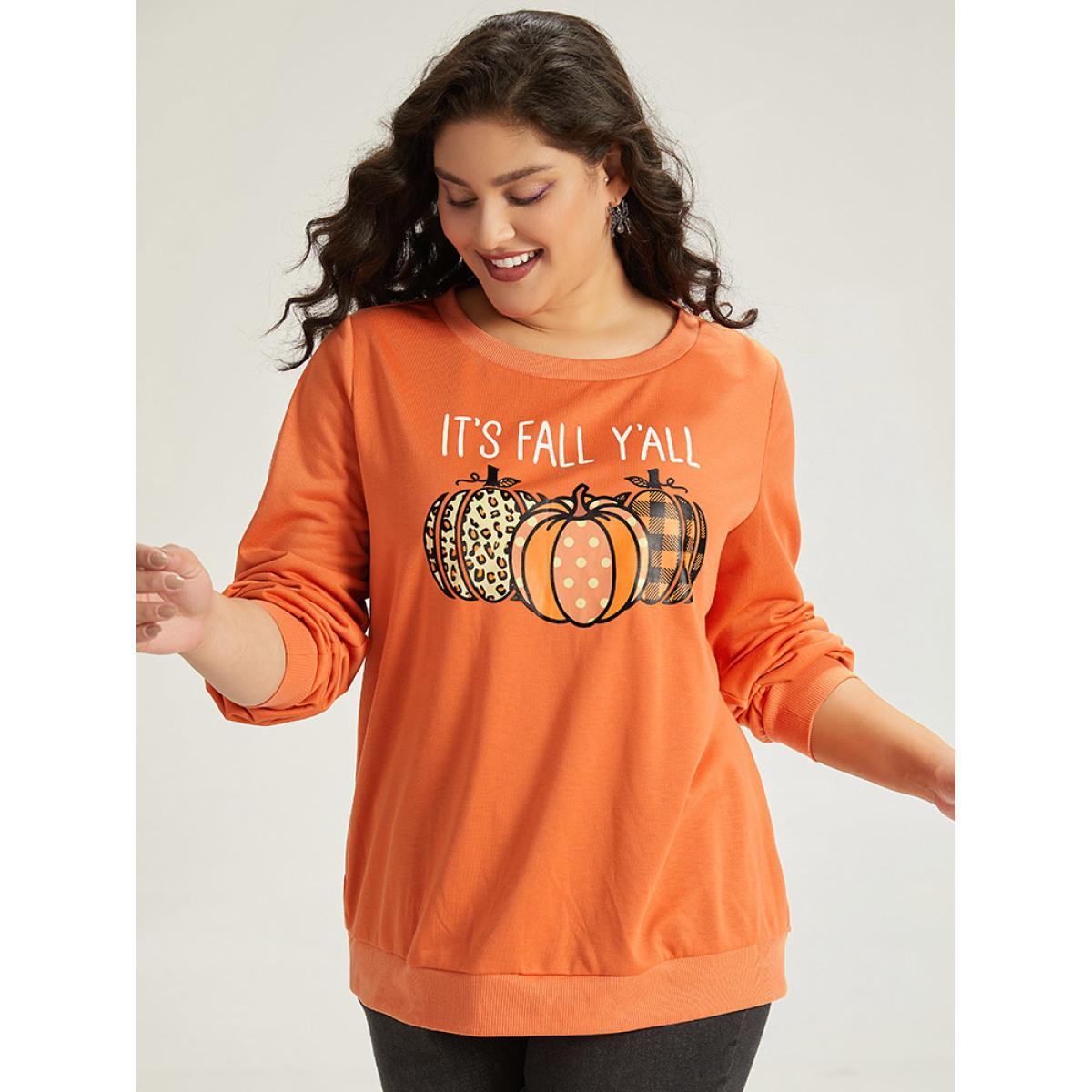 Plus Size Halloween Pumpkin Crew Neck Elastic Cuffs Sweatshirt Women Coral Casual Elastic cuffs Festival-Halloween Sweatshirts BloomChic 18-20/2X Product Image