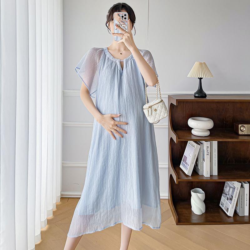Maternity Short-Sleeve Crewneck Plain Midi A-Line Dress Product Image