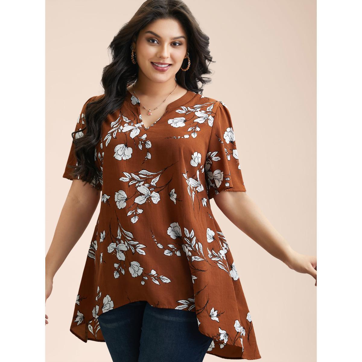 Plus Size Browncoffeecolor Floral Print Notched Collar Hi-Low Hem Blouse Women Elegant Half Sleeve Flat collar with V-notch Everyday Blouses BloomChic 10/M Product Image