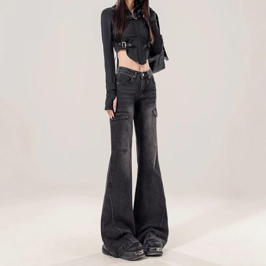 Low Waist Washed Flared Jeans Product Image