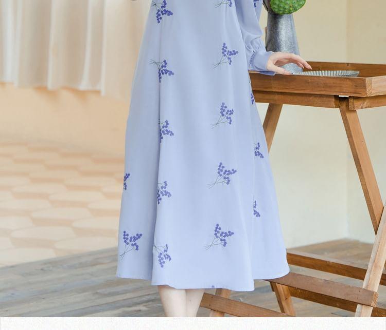 Long Sleeve V-Neck Floral Embroidered Midi A-Line Wrap Dress Product Image