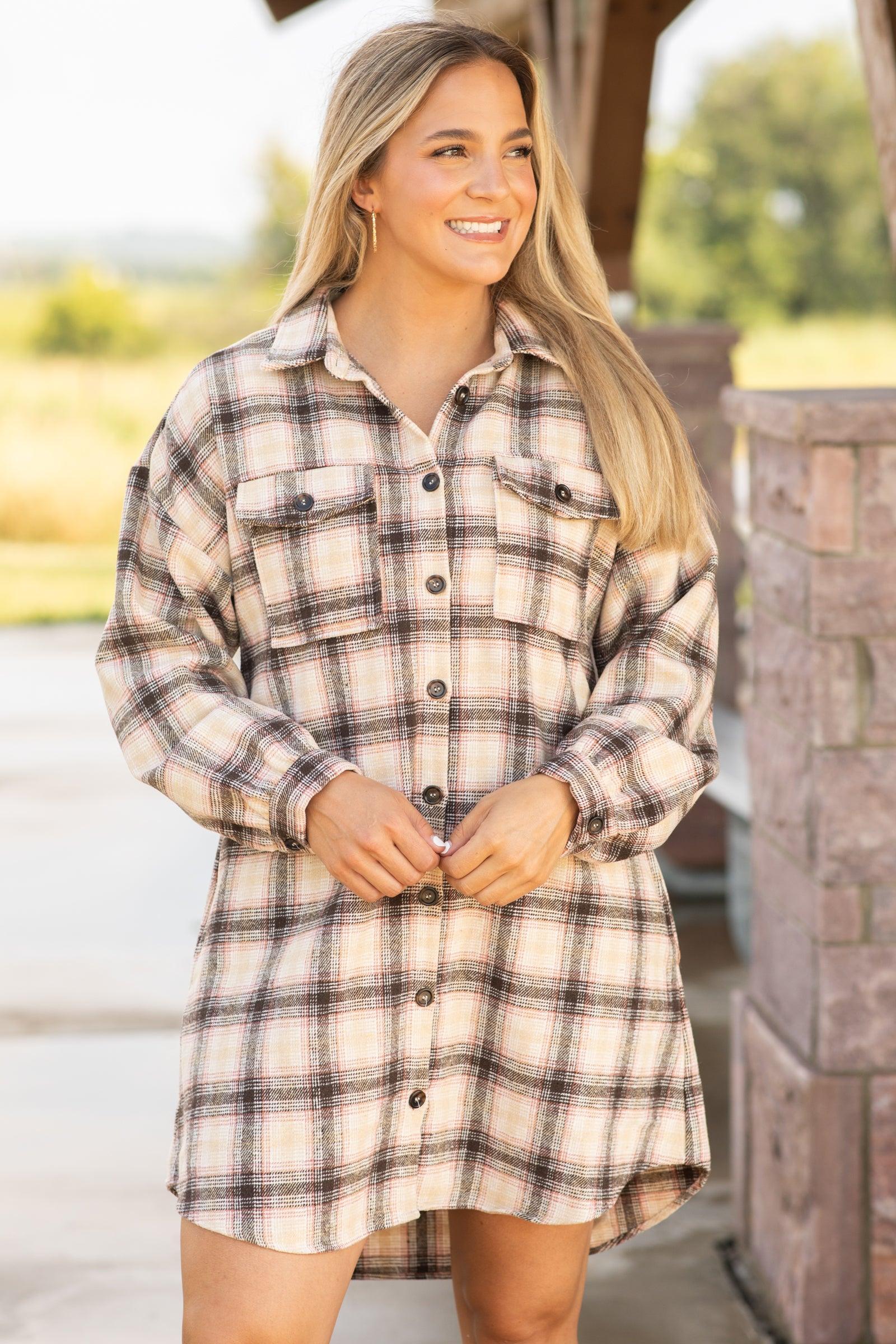 Brown and Tan Plaid Shirt Dress Product Image