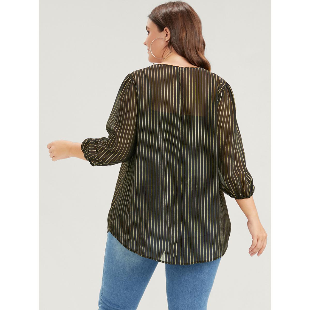 Plus Size Black Striped Mesh Lantern Sleeve V Neck Blouse Women Elegant Elbow-length sleeve V-neck Dailywear Blouses BloomChic 30/6X Product Image